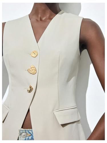 MakeMeChic Women's Vest Tops Business Button Sleeveless V Neck Old Money Clothes Fully Lined Suit Office Jacket Waistcoat4