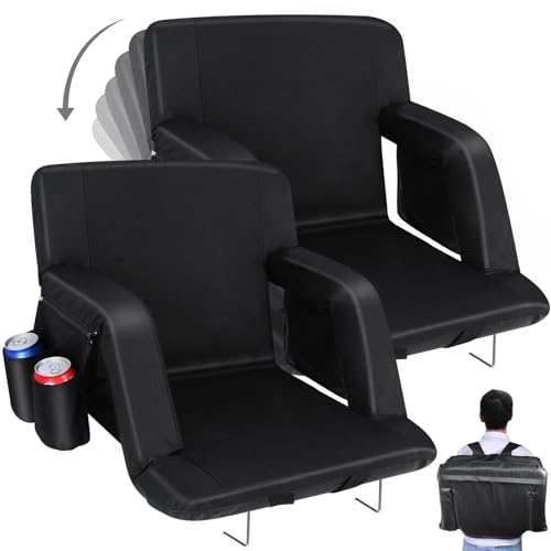 Stadium Seats with Back Support, 2 Pack Bleacher Chairs with Back and Cushion, Wide Bleacher Seat 6 Reclining Back, Folding Stadium Chairs with Armrests Hook Cupholder for Outdoor Sport Beach Concert