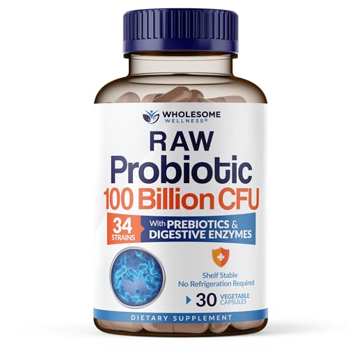 Wholesome Wellness Organic Raw Probiotics 100 Billion CFU, Dr Formulated for Women and Men, Complete Adult Supplement with Prebiotics and Digestive Enzymes; 30 Capsules, Shelf Stable