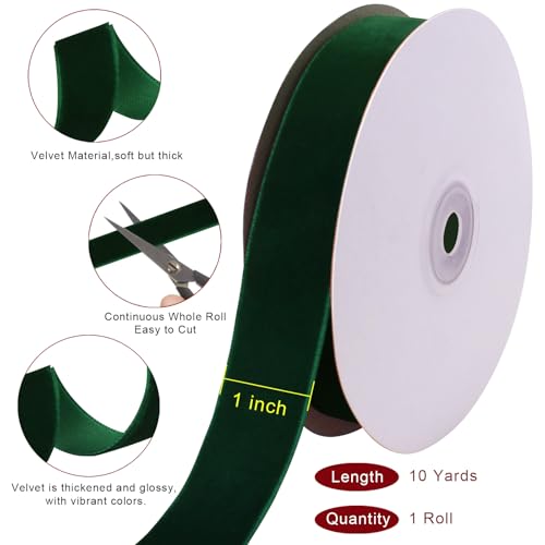 Image of Tsorode 10 Yards Black Velvet Ribbon 1 Inch for Christmas Tree,Velvet Christmas Ribbon for Gift Wrapping Crafts Bow Wreath Holiday Decorations (Dark Green, 1 inch-10 Yard)