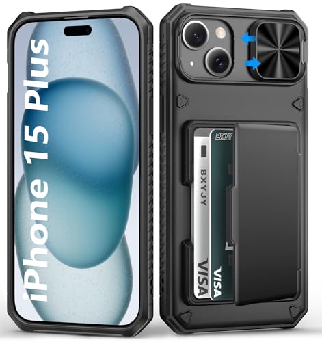 BXYJY for iPhone 15 Plus & 14 Plus Wallet Case Built-in Card Holder(4-5 Cards) Slide Camera Cover Military Drop & RFID Protection Heavy Duty Women Men Phone Cases for iPhone 15 Plus/14 Plus Black