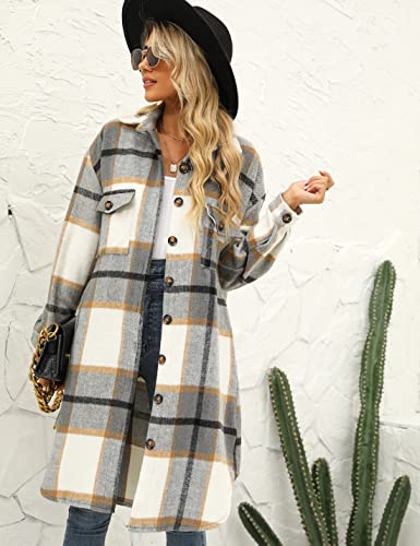 Puwei Women's Long Flannel Plaid Jacket Shacket Cozy Lapel Button Down Shirt Jacket Fuzzy Trench Coat(1448-Grey-Xs) #TOP2