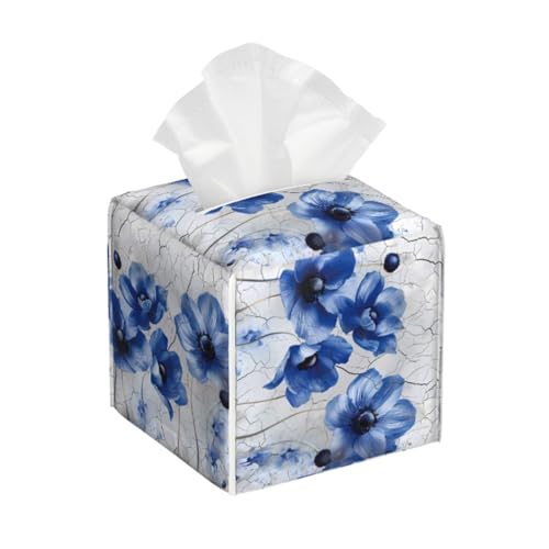 Funda para Caja de pañuelos rústica Azul Amapolas Pared de ladrillo Cuadrado Soporte para Caja de pañuelos de Cuero PU para Coche baño Dormitorio Escritorio Mesa decoración