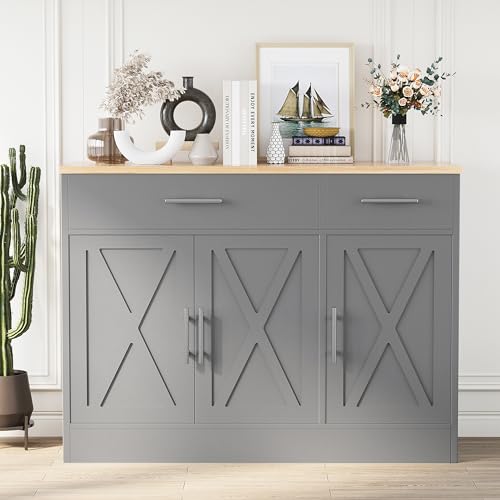 Shintenchi Modern Farmhouse Sideboard Buffet Cabinet with Storage with 3 Doors, 42'Barn Doors Buffet Cabinet with Storage, Wood Coffee Bar Cabinet with Adjustable Shelf for Kitchen, Living Room, Grey