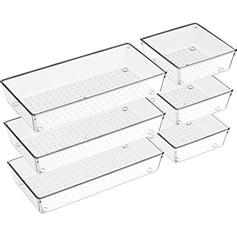 Criusia 6 Pack Large Size Clear Plastic Drawer Organizers, Versatile Acrylic Kitchen Drawer Organizer Stackable Bathroom Drawer Organizer Trays, Storage Bins for Makeup, Bathroom, Kitchen Cover
