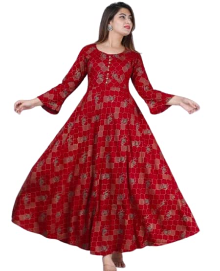 Image of Women's Rayon Jaal Printed Anarkali Kurta (Maroon)