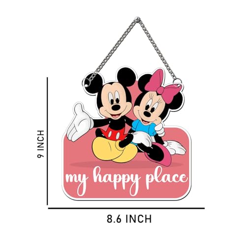 Image of GIFTMEBAZAR My Happy Place With Mickey Mouse Cartoon Theme Wooden Wall Hanging For Home, Living Room & Office Decor | Wall Art | Modern Decor Item