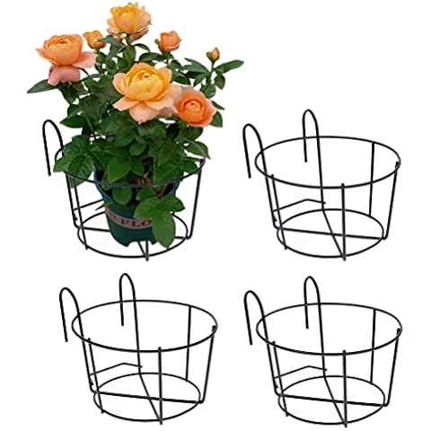 Diyiming 4 Pack Hanging Flower Pot Holder 6.3 Inch Mounted Balcony Hanging Railing Planters Round Iron Racks Plant Baskets Flower Pot Holders Fence Metal Potted Stand for Indoor and Outdoor(Black) Cover