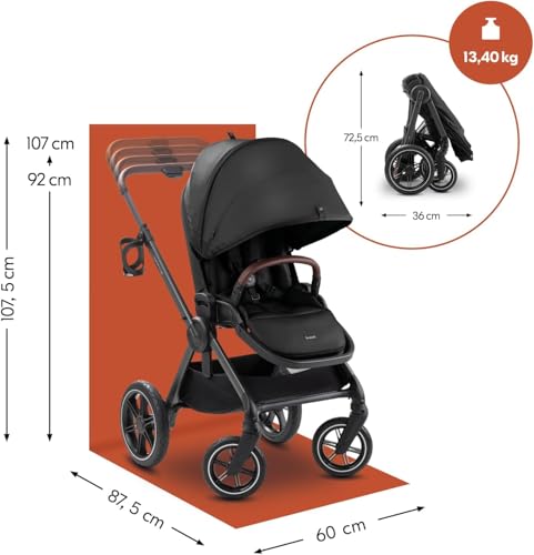 hauck Comfort N Care Black - wózek dziecięcy z pokrowcem na nogi i siedziskiem odwróconym od urodzenia do 22 kg, UPF 50+, amortyzowane gumowe koła, regulowana kierownica z uchwytem na napoje