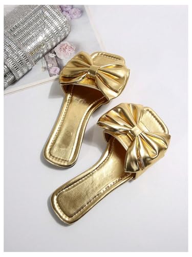 Verdusa Women's Metallic Bowknot Dressy Sandals Square Toe Slip on Slippers3