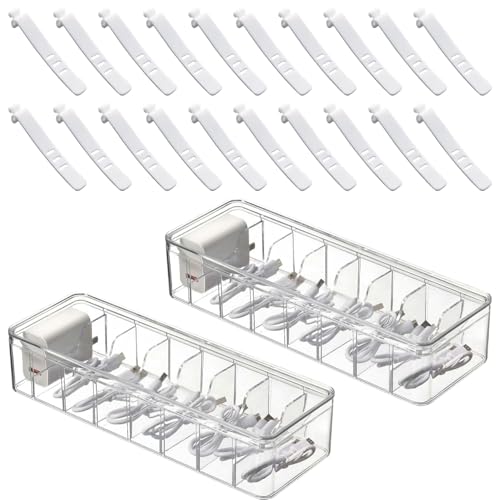 2 Pièces Boite Rangement Cable, avec 8 Compartiments et 20 Serre-Câbles en Plastique Transparent, pour le Rangement sur le Bureau, au Bureau et à la Maison (26 × 10 × 6 cm) (Transparent)