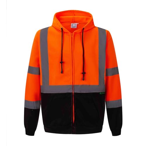 3C Products SAJ6800, ANSI/ISEA Class 3, Men’s Safety Fleece Hoodie Jacket, Reflective, Pockets, Neon Orange w/Black Bottom,4XL
