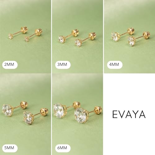14k Gold Cubic Zirconia Stud Earrings for Women & Men (2mm-6mm Diameter) - CZ Simulated Diamond, Real Solid 14K Gold, Secure Screw Back4