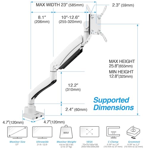 AVLT Single 17"-57" Super Ultrawide Monitor Arm for Screens Up to 59.5 lbs, Premium Aluminum Desk Stand, Adjustable Pneumatic Height, Full Motion Swivel Tilt Rotation, USB-C&A Ports, White by AVLT - Image 2
