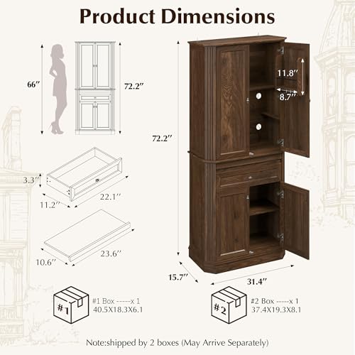 Image of 72.2 inch Tall Kitchen Pantry Cabinet with Doors, Farmhouse Storage Cabinet with Charging Station & LED Light, Drawer, Adjustable Shelves and Pull-Out Shelves, Walnut Wood Pantry Cupboard for Dining Room