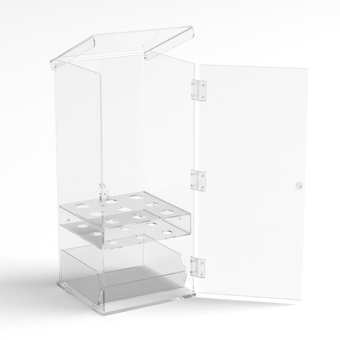 Porta coni gelato in plexiglass trasparente a 9 fori con vaschetta porta cucchiaini e con sportello - Misure: 24 x 23 x H55 cm