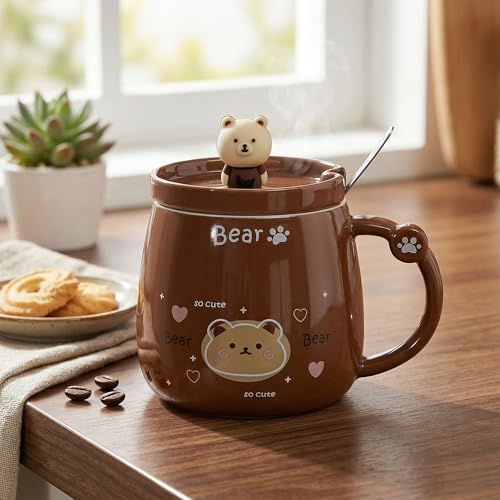 Image of BonZeal Aesthetic Brown Teddy Bear Mug with Lid & Spoon (380 ML) | Ceramic Coffee Mug | Unique Birthday Gift, Return Birthday Gift, Rakhi Gift for Brother | Panda Mug Style Mugs for Coffee
