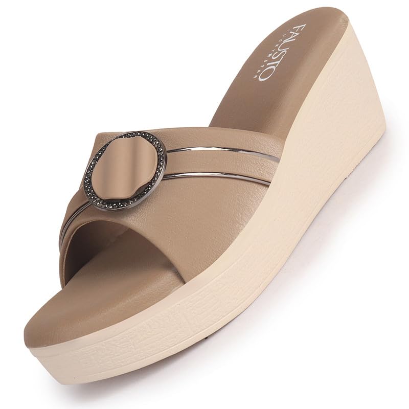 Image of FAUSTO Women Buckle Design Wedge Heel Sandals | Comfortable Slip-On Platform Slides For All Day Wear, Casual and Party | Soft Cushioned Insole