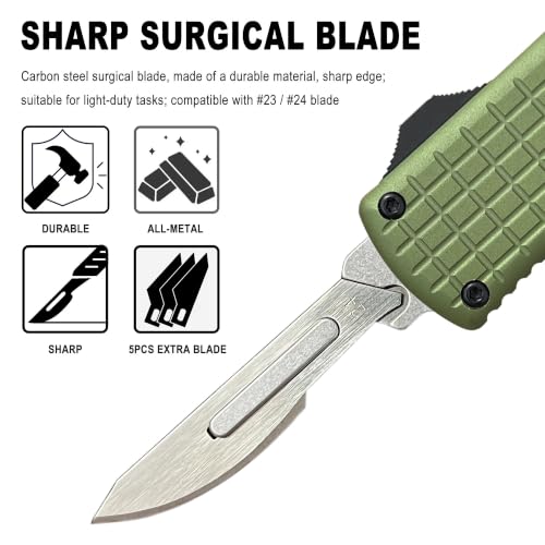 Image of Green Retractable Scalpel Pocket Knife with Clip | EDC Cutting Tool, Retracting Scalpel Knife, Replaceable Blade Utility Knife, for Camping Hiking, with 10pcs Extra blade