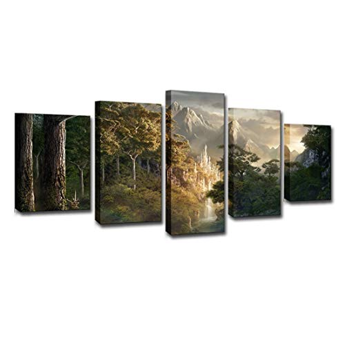 Mytinaart Art - Modern Wall Art Forest View Paintings HD Prints Framework 5 Pieces Set Castle In The Mountains Tree Pictures Lord Of The Rings Landscape Poster For Living Room Decor - Ready to Hang