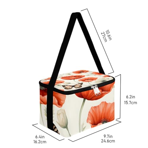 GzLeyigou Lunch Bags for Women Men 9 Cans,Poppies Butterfly Hot & Cold Food Delivery Bag Insulated Grocery Bag Insulated Lunch Box Flowers Cooler Bag for Office Work Picnic Beach