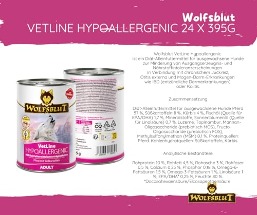 Wolfsblut Vetline Hundefutter - Hypoallergenic, 24x395g - Sparbundel, Sparpaket - inklusive Warnicks Tierfutterservice Hundesnack Goodie