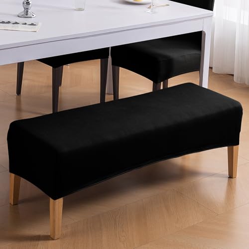 Image of HOKIPO 'SereneSolids' 140 GSM Polyester Blend Stretchable Dining Bench Slipcover, Black (AR-6245-BLK)