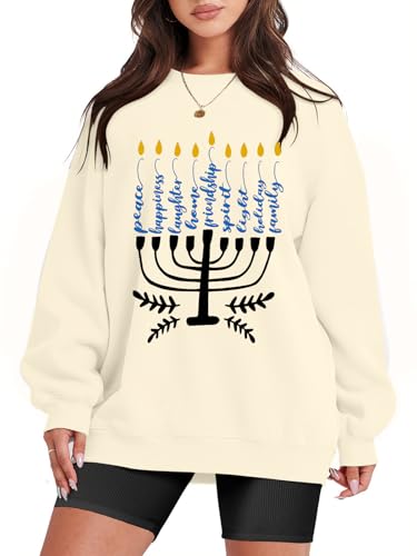 FASHGL Hanukkah Sweatshirt Hanukkah Sweater Women Chanukah Sweaters Menorah Pullover Casual Oversized Long Sleeve Tee Tops Apricot