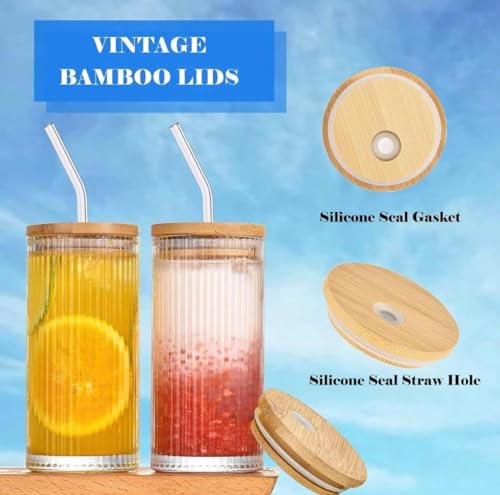 Image of KHOLAD Ribbed Glass Tumbler Mugs With Airtight Wooden Lid And Straw Pack Of 1,Multipurpose Drinking Glasses Sipper Perfect For Cocktails,Smoothies,Juice,Beer,Coffee For All-Occasions (Ribbed),400Ml