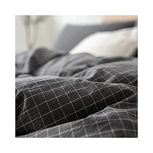 Image of F.Y.Dreams 100% Washed Cotton Duvet Cover for Weighted Blanket 60x80 inches with 16 Ties, Zipper on Long Side /Gray Grid /Just Duvet Cover