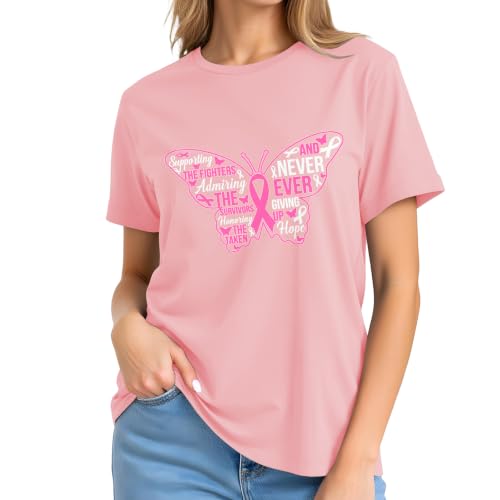 Image of Breast Cancer Survivor Butterfly Shirt for Women-Pink Ribbon Short Sleeve | With Hope Slogan Print Tee Top Ideal for Breast Cancer Group Uniform for Awareness Month & Survivor Memorial Gathering