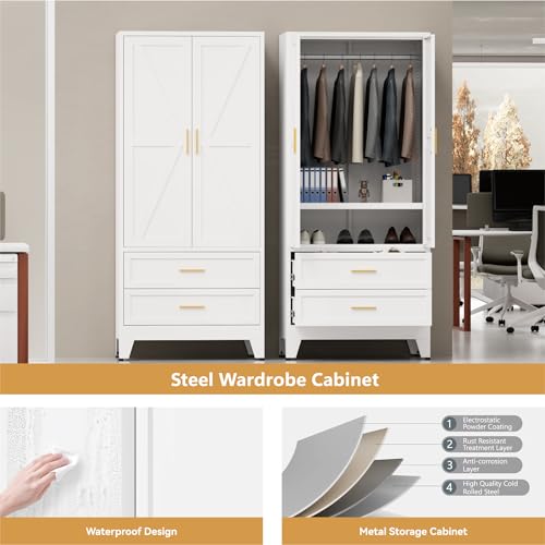 Image of Metal Wardrobe Closet, Armoire Wardrobe with Two Drawers Clothes Cabinet for Bedroom, 71 inch Tall Farmhouse Steel Armoire Closet with Drawers and 2 Doors Clothing Storage Cabinet with Hanging Rod