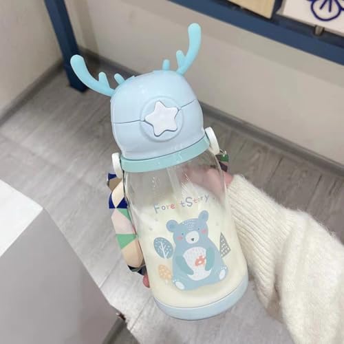 Garrafa Infantil Alce com Canudo Silicone Garrafinha de Agua 600ml Antivazamento e Alça para Transpo