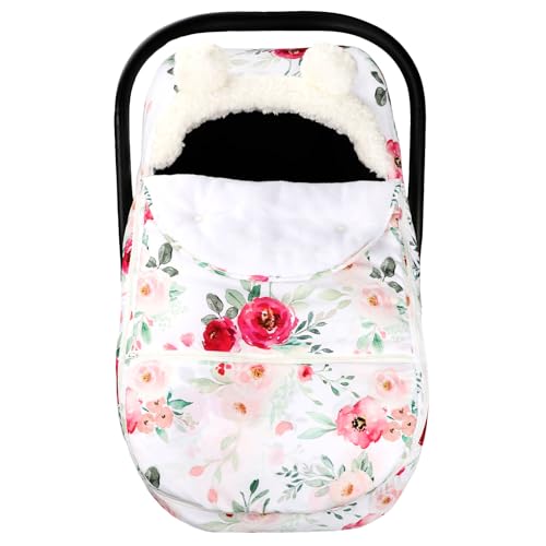 Image of Car Seat Covers for Babies Winter, Flower Carseat Cover Girls, Zipped Cozy & Warm Cover, Universal, Ultra-Soft Breathable, Removable Design Infant Car Seat Canopy