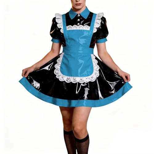 Robe cosplay Lolita bleu lac en cuir PVC grande taille 5TG à manches bouffantes