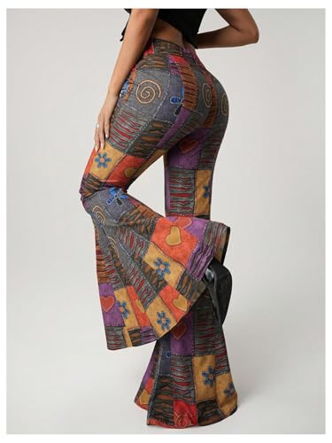 SOLY HUX Women's Retro Bell Bottom Pants High Waisted Printed Skinny Flare Leg Trousers3