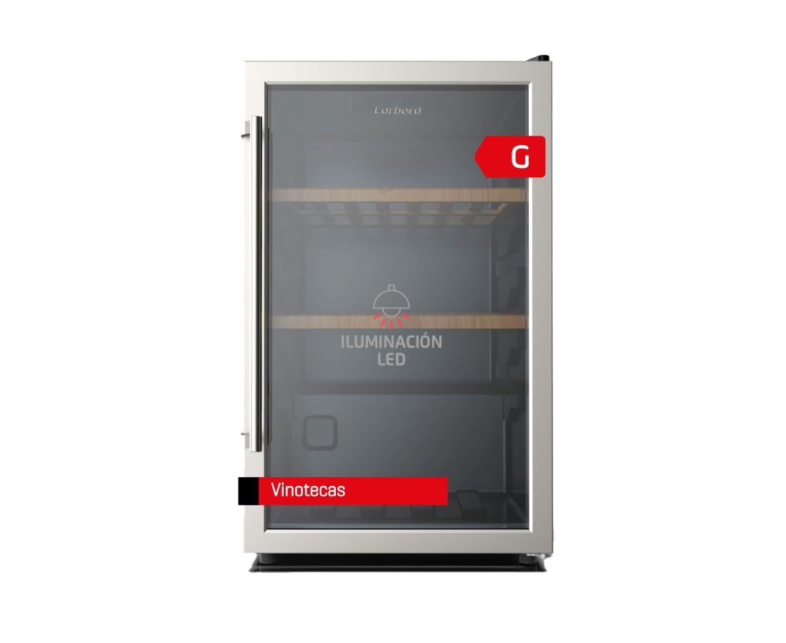 Corberó - Vinoteca CFKWC61SW | 126L | 61 Botellas | Puerta Cristal | Display LED | 2 Estantes Madera | Rango Temperatura 5-20ºC | Nevera para vinos | Negro
