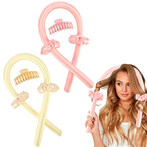 Heatless Hair Curlers Rollers, No Heat Silk Curls Headband Overnight Sleep Styler Soft Foam Flexi Rods with Clip Tie & Scrunchie, Curling Ribbon for Natural Long Medium Hair Gold & Pink