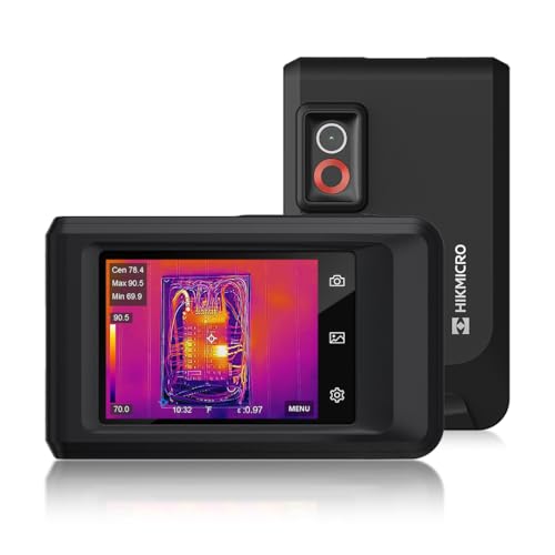 HIKMICRO PocketC サーモグラフィーカメラ、256 x 192 IR解像度、640x 480 Super IR解像度、8MP可視光カメラ搭載、ビデオ録画対応、3.5インチタッチスクリーン、25Hzフレームレート、デジタルズーム 1.0×～4.0×、-20°C～400°Cの画像
