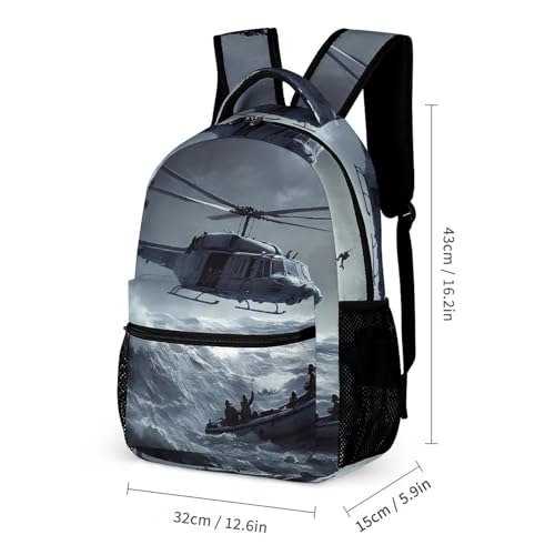 Helicopter Rescues at Sea Heavy Rain Travel Backpack Lunch Box Pencil Case 3Pcs Set for Men Women Office Outing University2