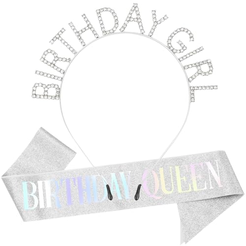 DRESHOW Diadema de Cumpleaños de Niña Tiara de Cumpleaños con Faja Corona de Princesa Rhinestone Accesorios de Feliz Cumpleaños para Mujeres Niñas