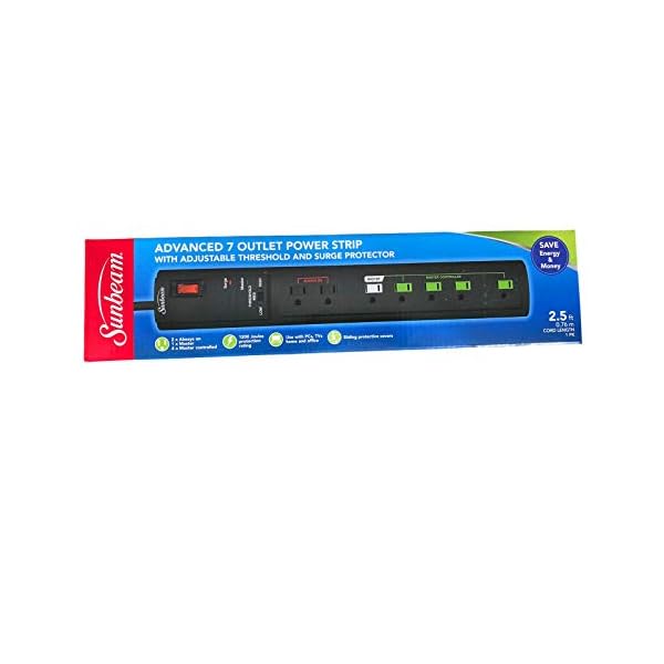 Sunbeam Advance 7 Outlet Power Strip with Surge Protector & Spaced Outlet 15A