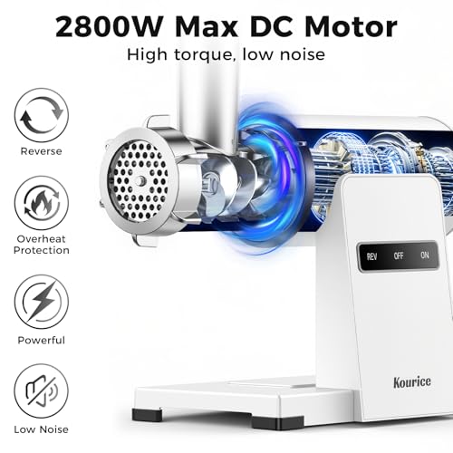 Image of Electric Meat Grinder for Home Use, 2800W Peak Power, Heavy Duty Metal Body with Auto-Reverse, 2 Blades & 3 Grinding Plates, Sausage Stuffer & Kibbeh Kit, Easy Clean, White