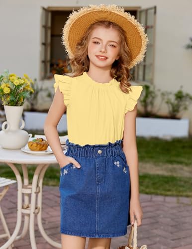 Image of Arshiner Girls Ruffle Short Sleeve Shirts Cute Summer Frill Neck Pleated Textured Blouse Tops