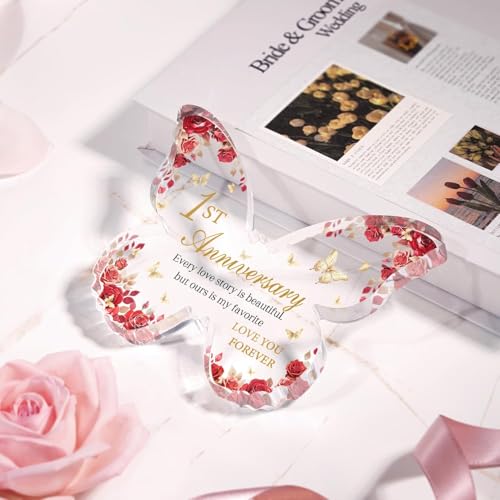 Image of Gifzy 1 Year Anniversary Romantic Gifts for girl Him - 5x5x0.5 Inch Butterfly Acrylic Plaque Decorations - One Year 1st Anniversary Paper Gifts Ideas for Girlfriend Boyfriend Wife Husband
