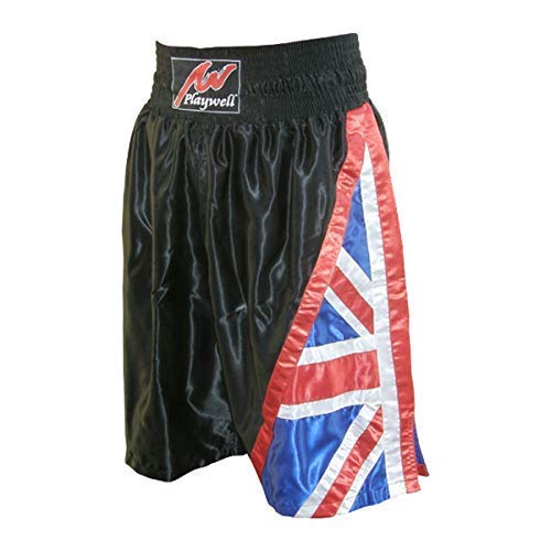 Playwell Boxing Competiton Black Satin Training Shorts - UK Flag Series - Small