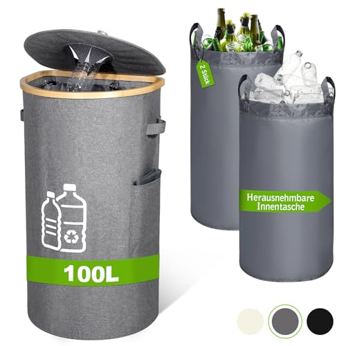 FuBegi Flaschensammler Leergut Pfandflaschen Sammelbehälter mit Deckel 100L, Behälter Leergut Altglas Aufbewahrung Pfandflaschen Aufbewahrung 2 herausnehmbare Innentasche, Flaschensammler Küche, Grau