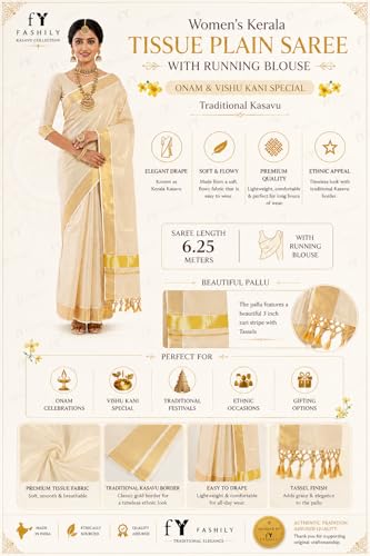 Image of Women's Kerala Tissue Plain Saree with Running Blouse| Onam & Vishu Kani Special | Traditional Kasavu White Colour
