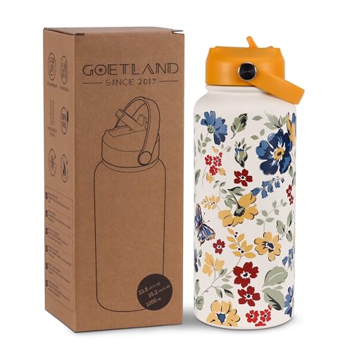 Goetland Flowers Water Bottle Beverage Bottle with Straw Lid 32 oz Stainless Steel Wide Mouth Vacuum Insulated Cute UV Printing Leak Proof For Women Girls Kids Bright Yellow