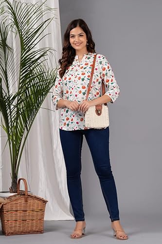 Image of Women's Cotton Printed Kurta Top | 3 /4 Sleeve Straight Kurti Casual Outings